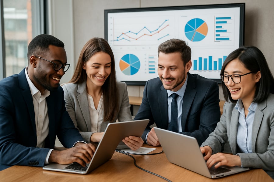 Business professionals collaborating with technology solutions