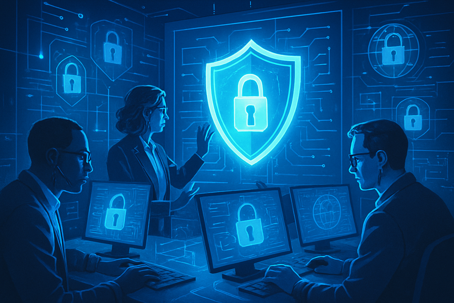 Cybersecurity professionals implementing advanced protection